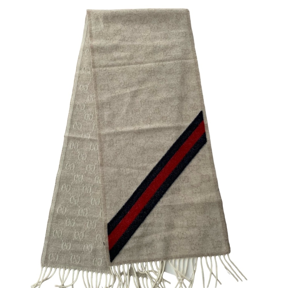 💝💝💝GUCCI AUTHENTIC NEW Wool Monogram Web Scarf, beige/blue/red💝💝💝 - Picture 4 of 15